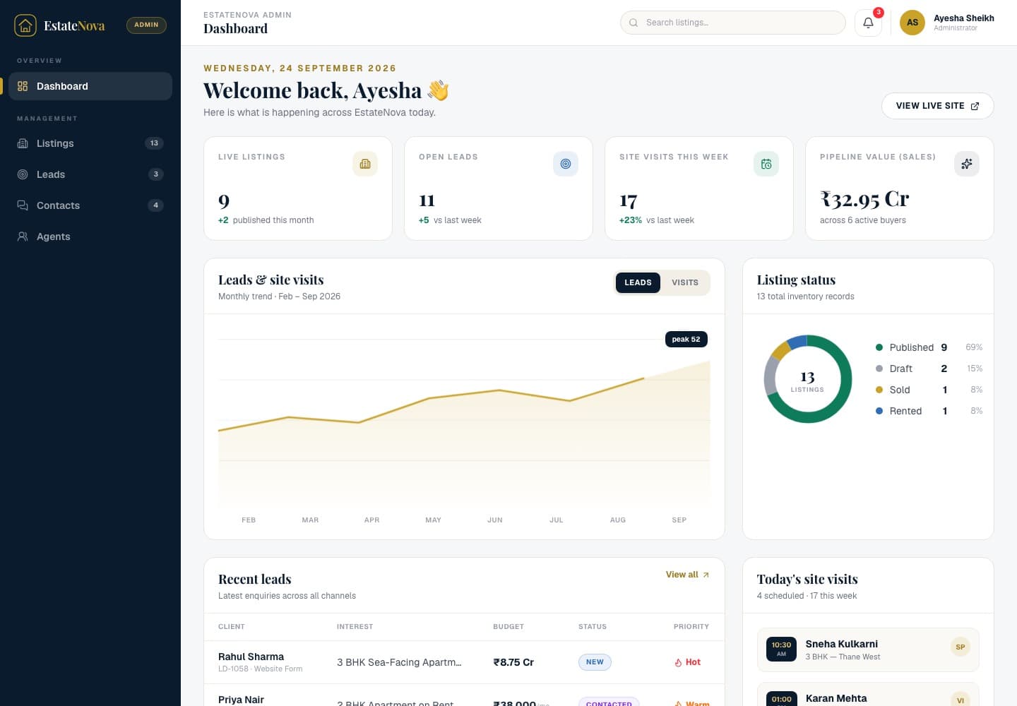 EstateNova Listings, leads & CRM screenshot